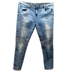 Red Ape Moto Biker Acid Wash Blue Jean Whisker Distress Ribs 46 Skinny Big Tall